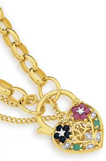 Angus & Coote 9ct gold 19cm solid belcher natural multi colour stones padlock bracelet offer