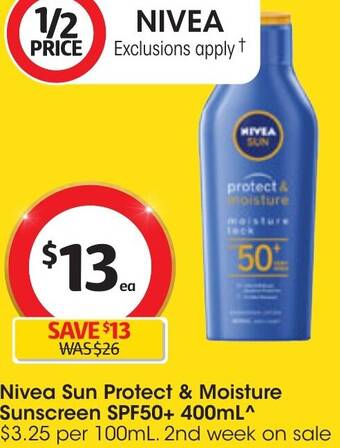 Coles Nivea Sun Protect & Moisture Sunscreen SPF50+ 400mL offer