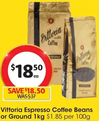 Coles Vittoria Espresso Coffee Beans or Ground 1kg offer