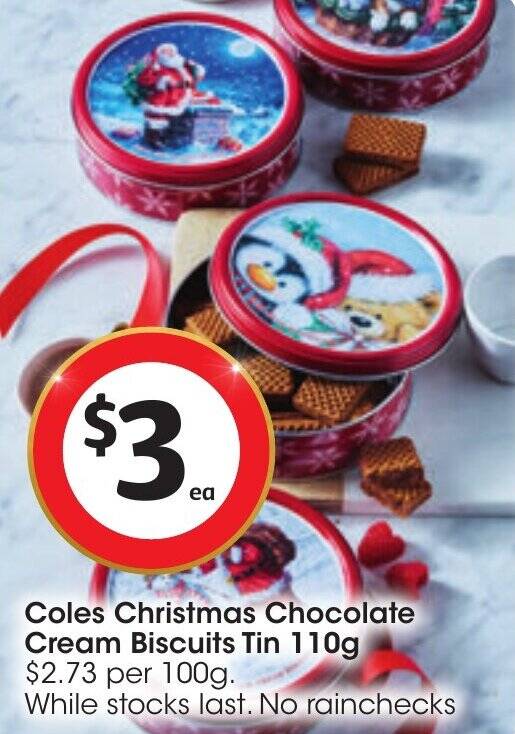 Coles Christmas Chocolate Cream Biscuits Tin 110g offer at Coles