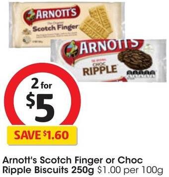 Coles Arnott's Scotch Finger or Choc Ripple Biscuits 250g offer