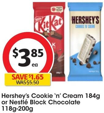 Coles Hershey's Cookie 'n' Cream 184g or Nestlé Block Chocolate 118g-200g offer