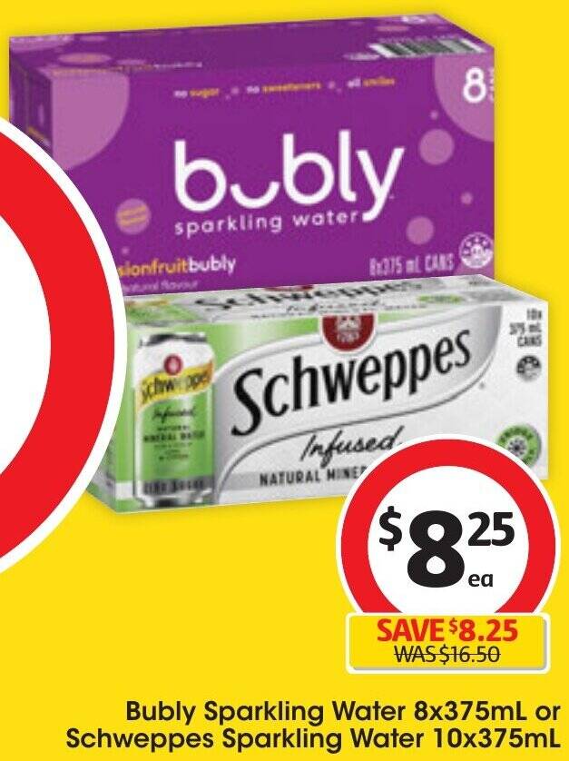 Bubly Sparkling Water 8x375mL or Schweppes Sparkling Water 10x375mL