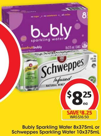 Coles Bubly Sparkling Water 8x375mL or Schweppes Sparkling Water 10x375mL offer