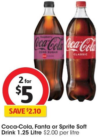 Coles Coca-Cola, Fanta or Sprite Soft Drink 1.25 Litre offer