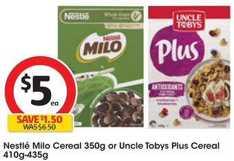 Coles Nestlé Milo Cereal 350g or Uncle Tobys Plus Cereal 410g-435g offer