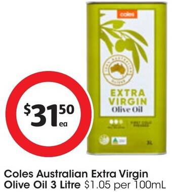 Coles Coles Australian Extra Virgin Olive Oil 3 Litre offer