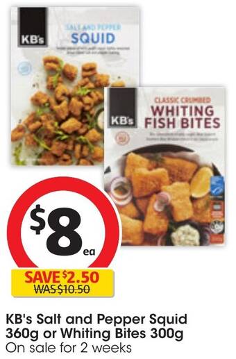 Coles KB's Salt and Pepper Squid 360g or Whiting Bites 300g offer