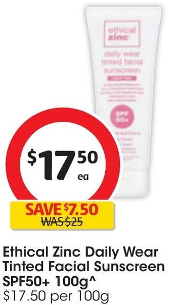 Coles Ethical Zinc Daily Wear Tinted Facial Sunscreen SPF50+ 100g offer