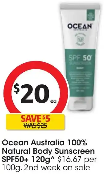 Coles Ocean Australia 100% Natural Body Sunscreen SPF50+ 120g offer