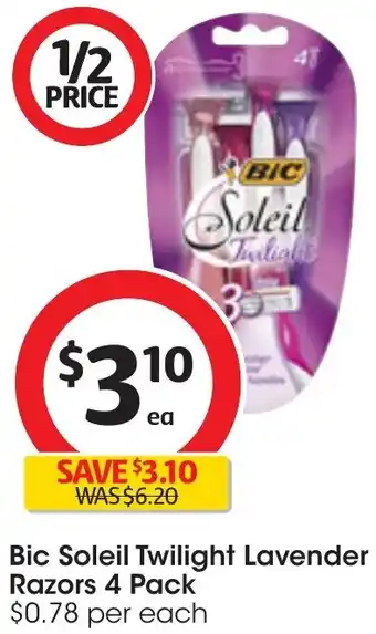 Coles Bic Soleil Twilight Lavender Razors 4 Pack offer