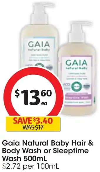 Gaia Natural Baby Hair & Body Wash or Sleeptime Wash 500mL