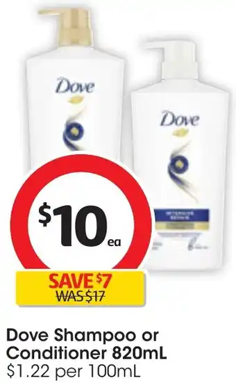 Coles Dove Shampoo or Conditioner 820mL offer