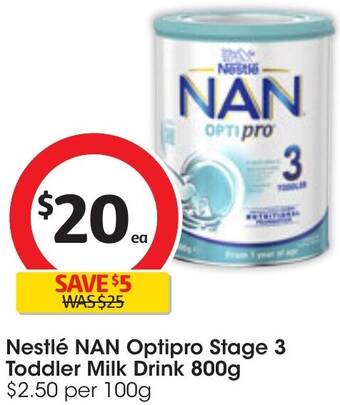 Coles Nestlé NAN Optipro Stage 3 Toddler Milk Drink 800g offer