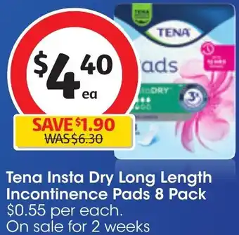 Coles Tena Insta Dry Long Length Incontinence Pads 8 Pack offer