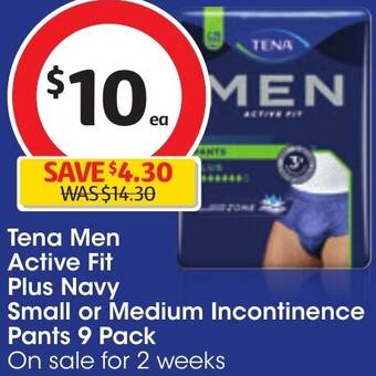 Coles Tena Men Active Fit Plus Navy Small or Medium Incontinence Pants 9 Pack offer