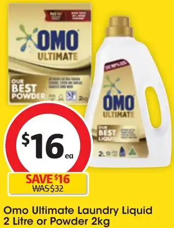 Coles Omo Ultimate Laundry Liquid 2 Litre or Powder 2kg offer