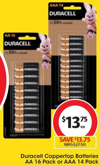 Coles Duracell Coppertop Batteries AA 16 Pack or AAA 14 Pack offer