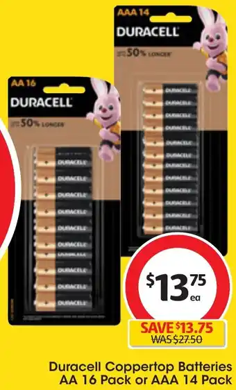 Coles Duracell Coppertop Batteries AA 16 Pack or AAA 14 Pack offer