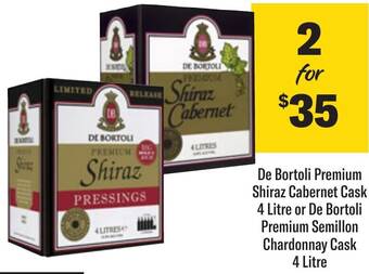 Coles De Bortoli Premium Shiraz Cabernet Cask 4 Litre or De Bortoli Premium Semillon Chardonnay Cask 4 Litre offer