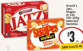 IGA Arnott's Jatz, Shapes or Clix 130-250g offer