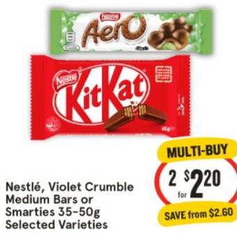 IGA Nestlé, Violet Crumble Medium Bars or Smarties 35-50g offer