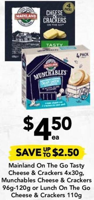 Drakes Mainland On The Go Tasty Cheese & Crackers 4x30g, Munchables Cheese & Crackers 96g-120g or Lunch On The Go Cheese & Crackers offer