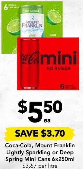 Drakes Coca-Cola, Mount Franklin Lightly Sparkling or Deep Spring Mini Cans 6x250ml offer