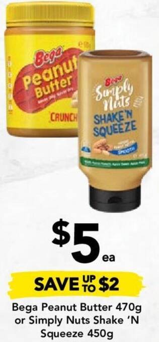 Drakes Bega Peanut Butter 470g or Simply Nuts Shake 'N Squeeze 450g offer