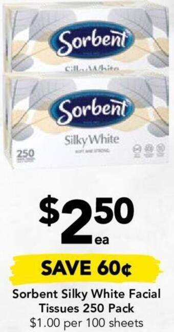 Drakes Sorbent Silky White Facial Tissues 250 Pack offer