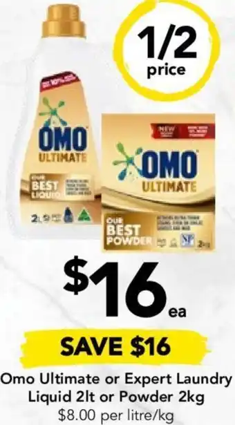 Drakes Omo Ultimate or Expert Laundry Liquid 2lt or Powder 2kg offer