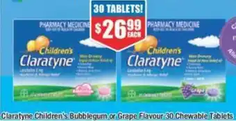 Chemist Warehouse Claratyne Children's Bubblegum or Grape Flavour 30 Chewable Tablets offer