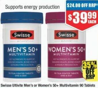 Chemist Warehouse Swisse Ultivite Men's or Women's 50+ Multivitamin 90 Tablets Swisse Ultivite Men's or Women's 65+ Multivitamin 90 Tablets offer