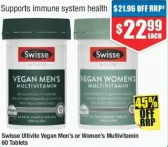 Chemist Warehouse Swisse Ultivite Vegan Men's or Women's Multivitamin 60 Tablets offer
