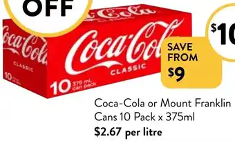 Coca-Cola or Mount Franklin Cans 10 Pack x 375ml