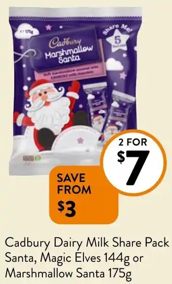 Foodworks Cadbury Dairy Milk Share Pack Santa, Magic Elves 144g or Marshmallow Santa 175g offer