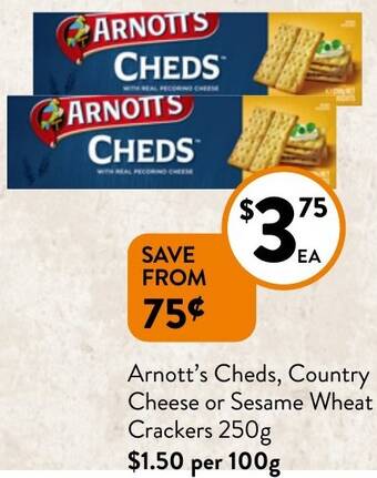 Foodworks Arnott's Cheds, Country Cheese or Sesame Wheat Crackers 250g offer