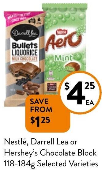 Foodworks Nestlé, Darrell Lea or Hershey's Chocolate Block 118-184g offer