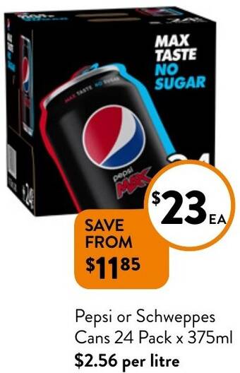 Foodworks Pepsi or Schweppes Cans 24 Pack x 375ml offer