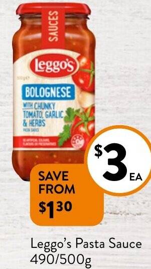 Foodworks Leggo's Pasta Sauce 490/500g offer