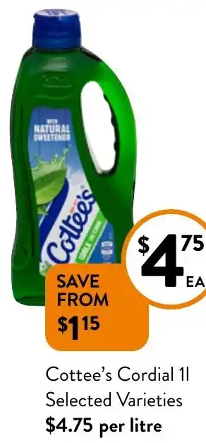 Foodworks Cottee's Cordial 1l offer