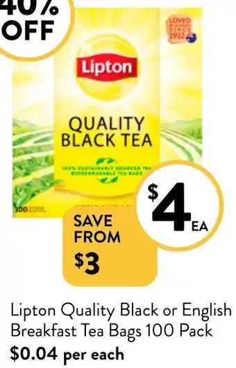 Lipton Quality Black or English Breakfast Tea Bags 100 Pack