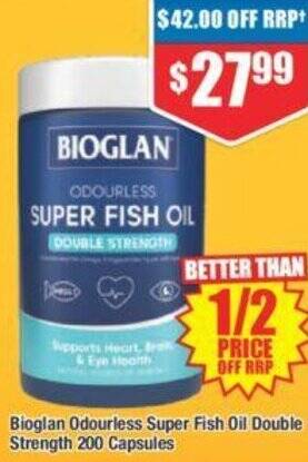 Chemist Warehouse Bioglan Odourless Super Fish Oil Double Strength 200 Capsules offer