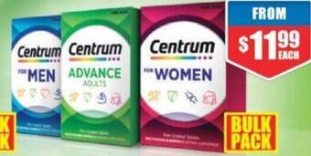 Chemist Warehouse Centrum For Men 90 Tablets, Advance Adults 100 Tablets or For Women 90 Tablets offer