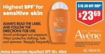 Chemist Warehouse Avène Sunscreen Aquafluid SPF 50+40ml offer