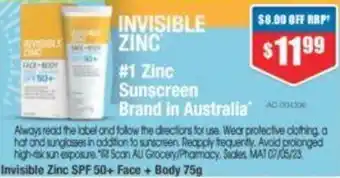 Chemist Warehouse Invisible Zinc SPF 50+ Face + Body 75g offer