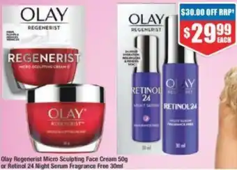Chemist Warehouse Olay Regenerist Micro Sculpting Face Cream 50g or Retinal 24 Night Serum Fragrance Free 30ml offer