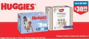 Chemist Warehouse Huggies Ultra Dry Size 4 72 Pack or Ultimate Nappy Pants 56 Pack offer