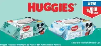 Chemist Warehouse Huggies Fragrance Free Wipes 80 Pack or 99% Purified Water 72 Pack offer