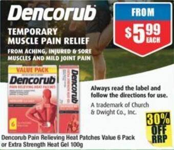 Chemist Warehouse Dencorub Pain Relieving Heat Patches Value 6 Pack or Extra Strength Heat Gel 100g offer